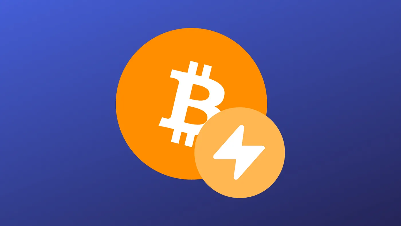 Logo's van Bitcoin en het Lightning Network op een blauwe achtergrond
