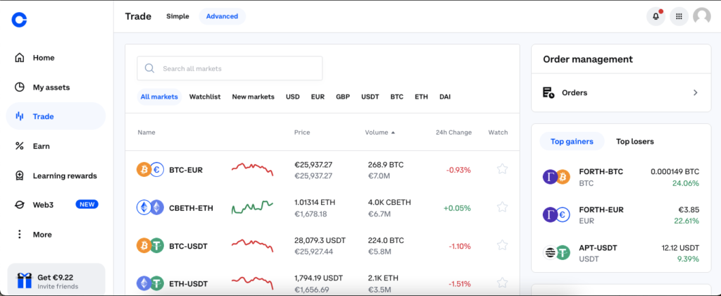 Coinbase alternative - trading screen