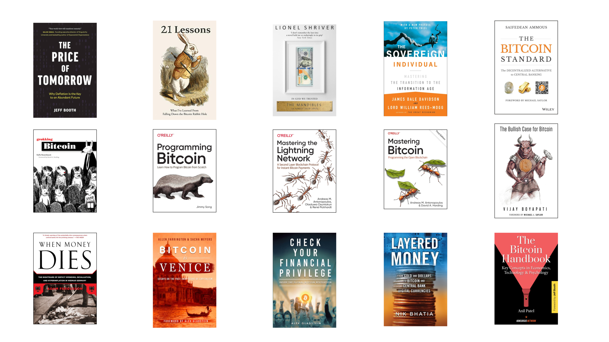 Una cuadrícula con portadas de libros Bitcoin